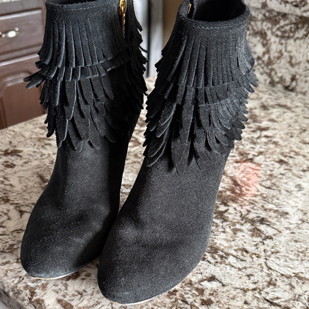 Isola Black Suede Fringe Ankle Booties